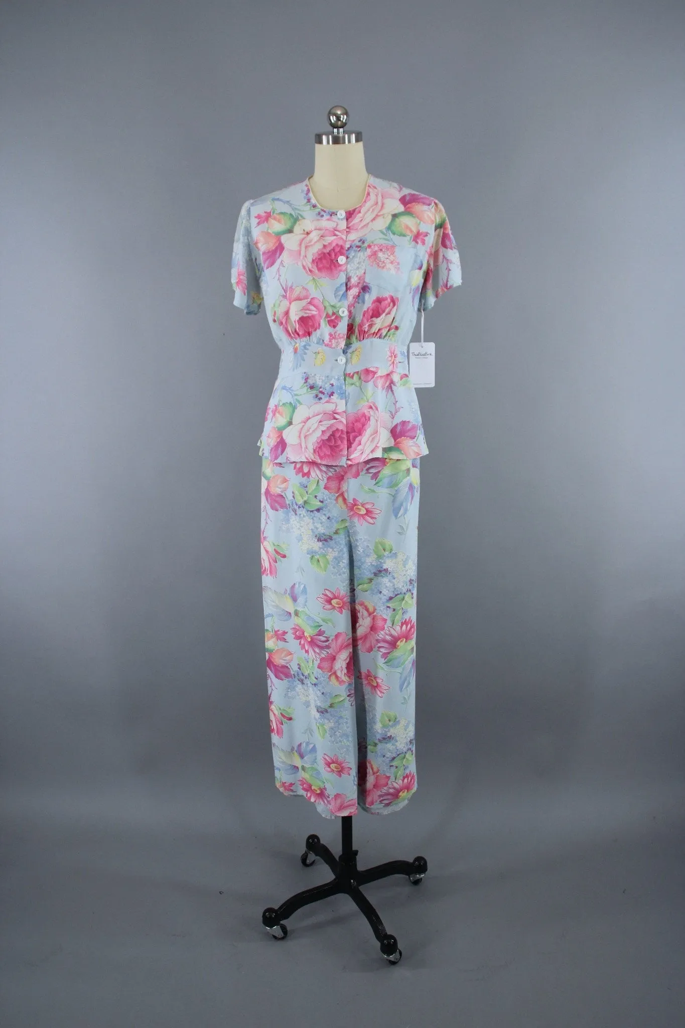 Vintage 1930s Pajamas Set / Hi Stepper / Blue & Pink Floral Print