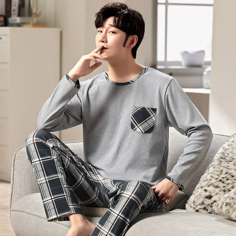 WIAOFELLAS  -  Full Cotton Pijama for Men 2 Pieces/Set Lounge Sleepwear Pyjamas Autumn Bedgown Home Clothes Man Pure Cotton Pajamas Set L-4XL