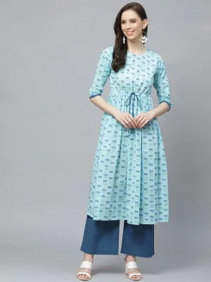 Women A-Line Waist Tie-Up Blue Printed Kurta & Palazzo Set