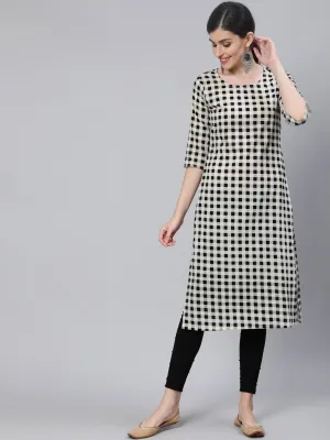 Women Black & White Checked  Straight Kurta With Three Quarter Sleeves