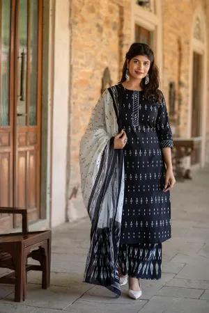 Women Black Ethnic Printed Straight Kurta With Palazzo And Dupatta