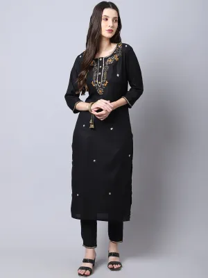 Women Black Rayon Kurta Set With Hand Embroidery