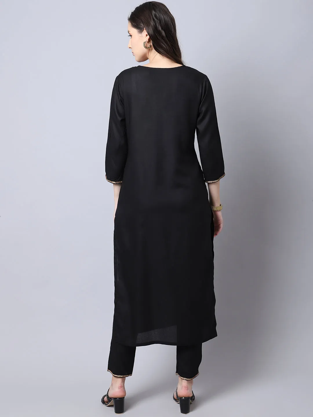 Women Black Rayon Kurta Set With Hand Embroidery