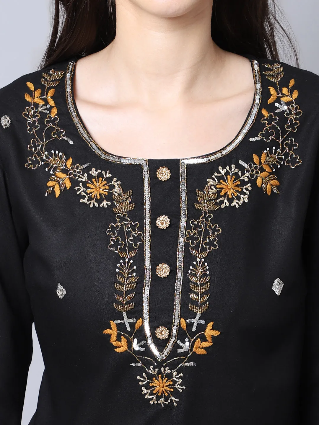 Women Black Rayon Kurta Set With Hand Embroidery