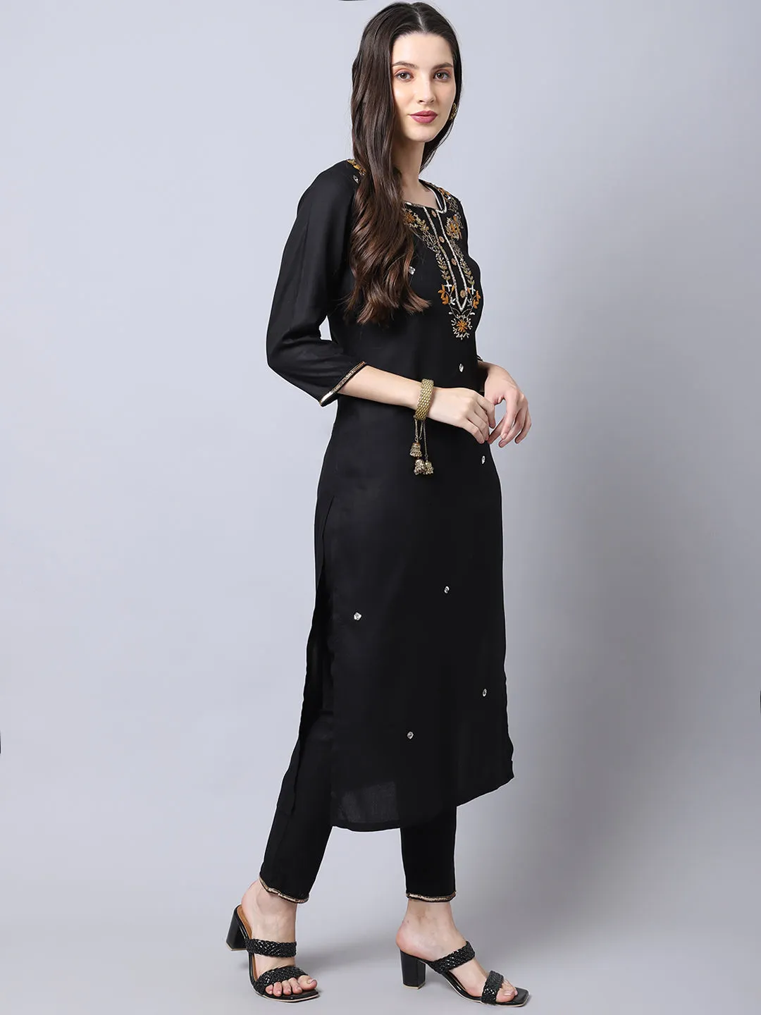 Women Black Rayon Kurta Set With Hand Embroidery