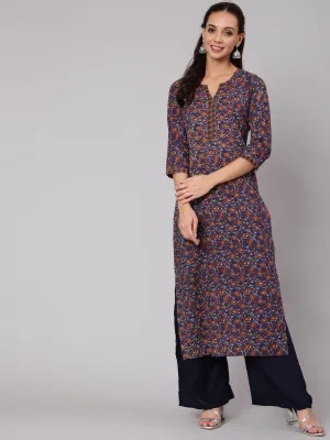 Women Blue & Beige Floral Printe Straight Kurta With Three Quarter Sleeves