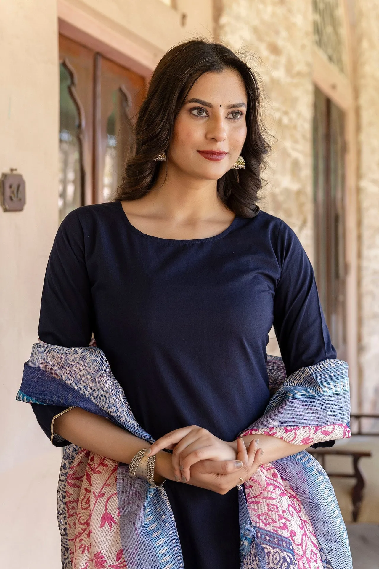 Women Navy Blue Kurta Set With Pants & Printed Dupatta