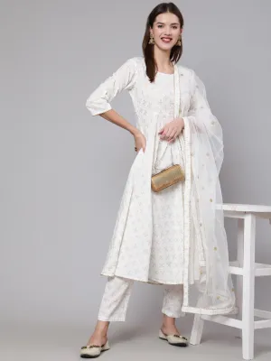 Women Off White Flared Kurta With Trouser & Dupatta