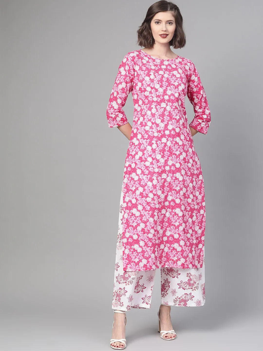 Women Pink & White Straight Floral Printed Kurta And Palazzos Set