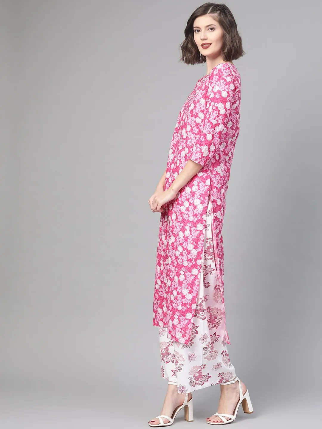 Women Pink & White Straight Floral Printed Kurta And Palazzos Set