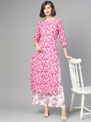 Women Pink & White Straight Floral Printed Kurta And Palazzos Set