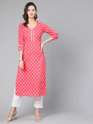 Women Pink Ethnic Printed Straight Kurta With Three Quarter Sleeves