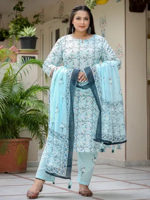 Women Plus Size Sky Blue Pure Cotton Kurta Set With Dupatta