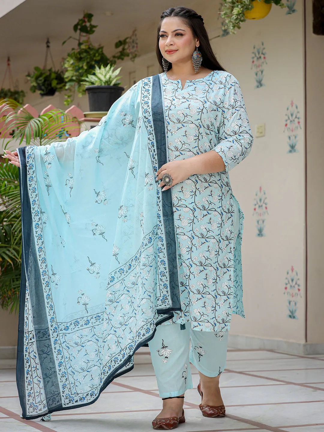 Women Plus Size Sky Blue Pure Cotton Kurta Set With Dupatta