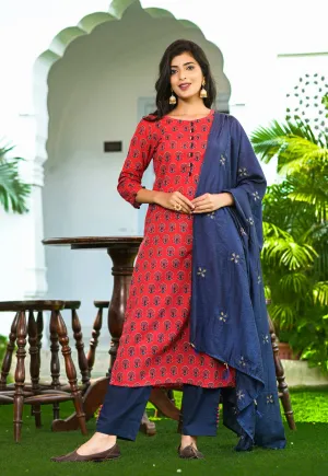 Women Red Handblock Printed Dupatta Set