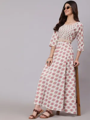 Women White & Pink Ethnic Printed Dress With Three Quarter Sleeves