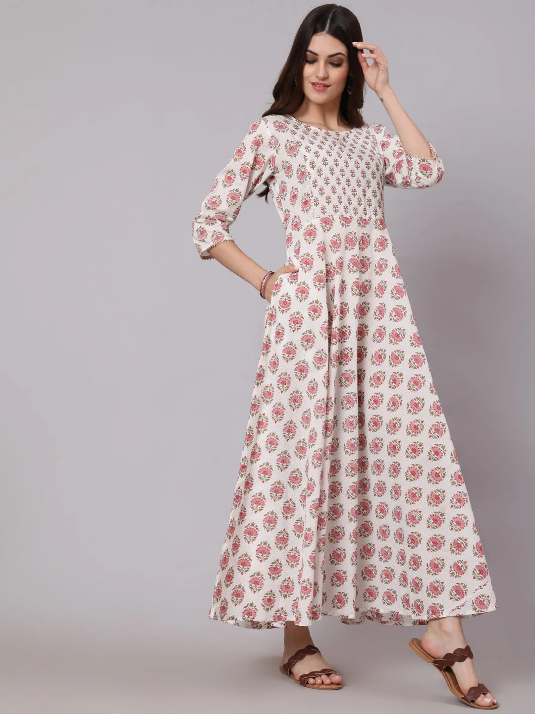 Women White & Pink Ethnic Printed Dress With Three Quarter Sleeves