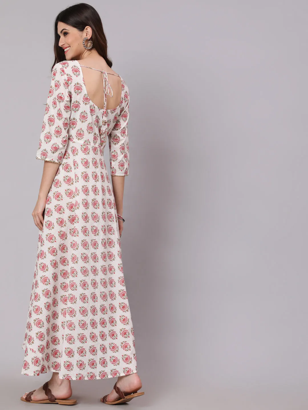 Women White & Pink Ethnic Printed Dress With Three Quarter Sleeves