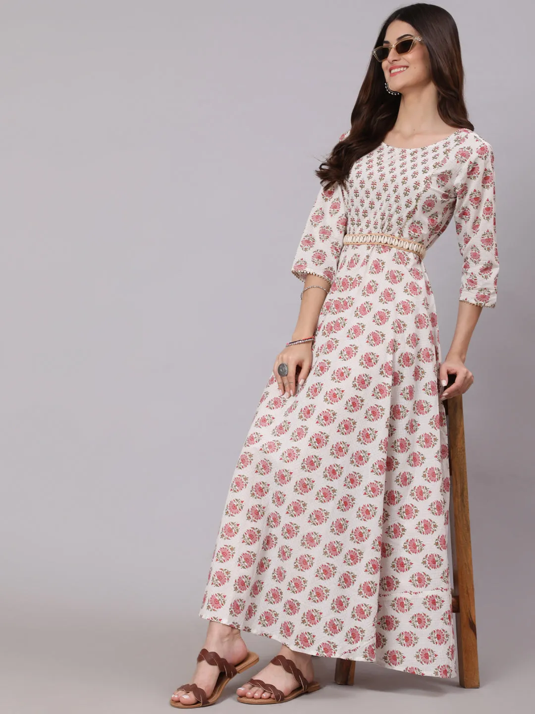 Women White & Pink Ethnic Printed Dress With Three Quarter Sleeves