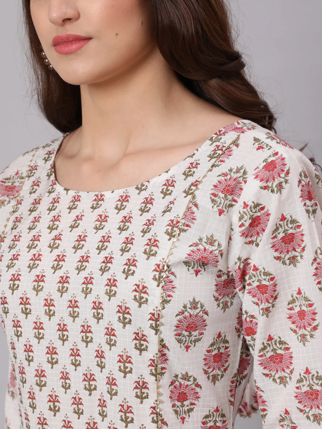 Women White & Pink Ethnic Printed Dress With Three Quarter Sleeves