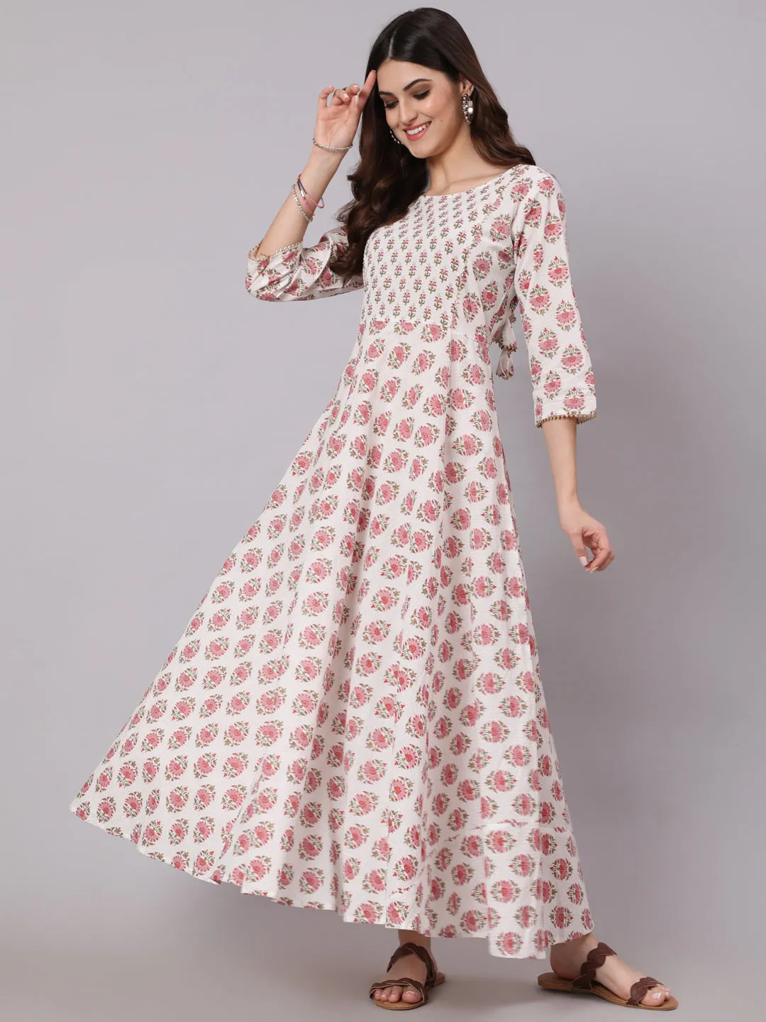 Women White & Pink Ethnic Printed Dress With Three Quarter Sleeves