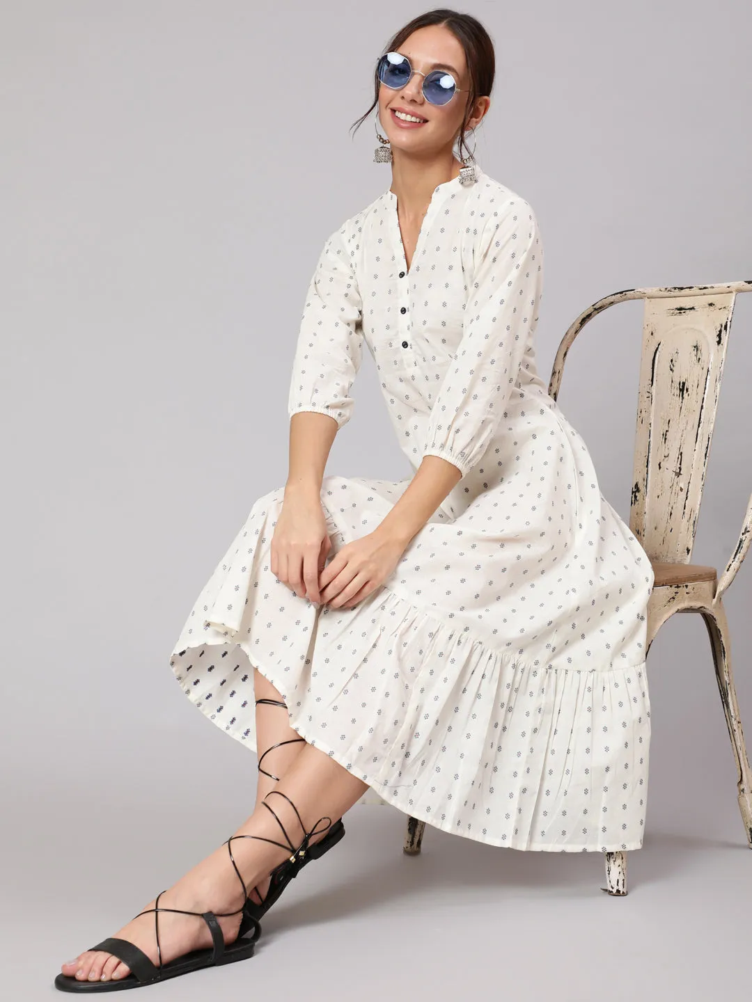 Women White Ethnic Printed Midi Dress With Three Quarter Sleeves