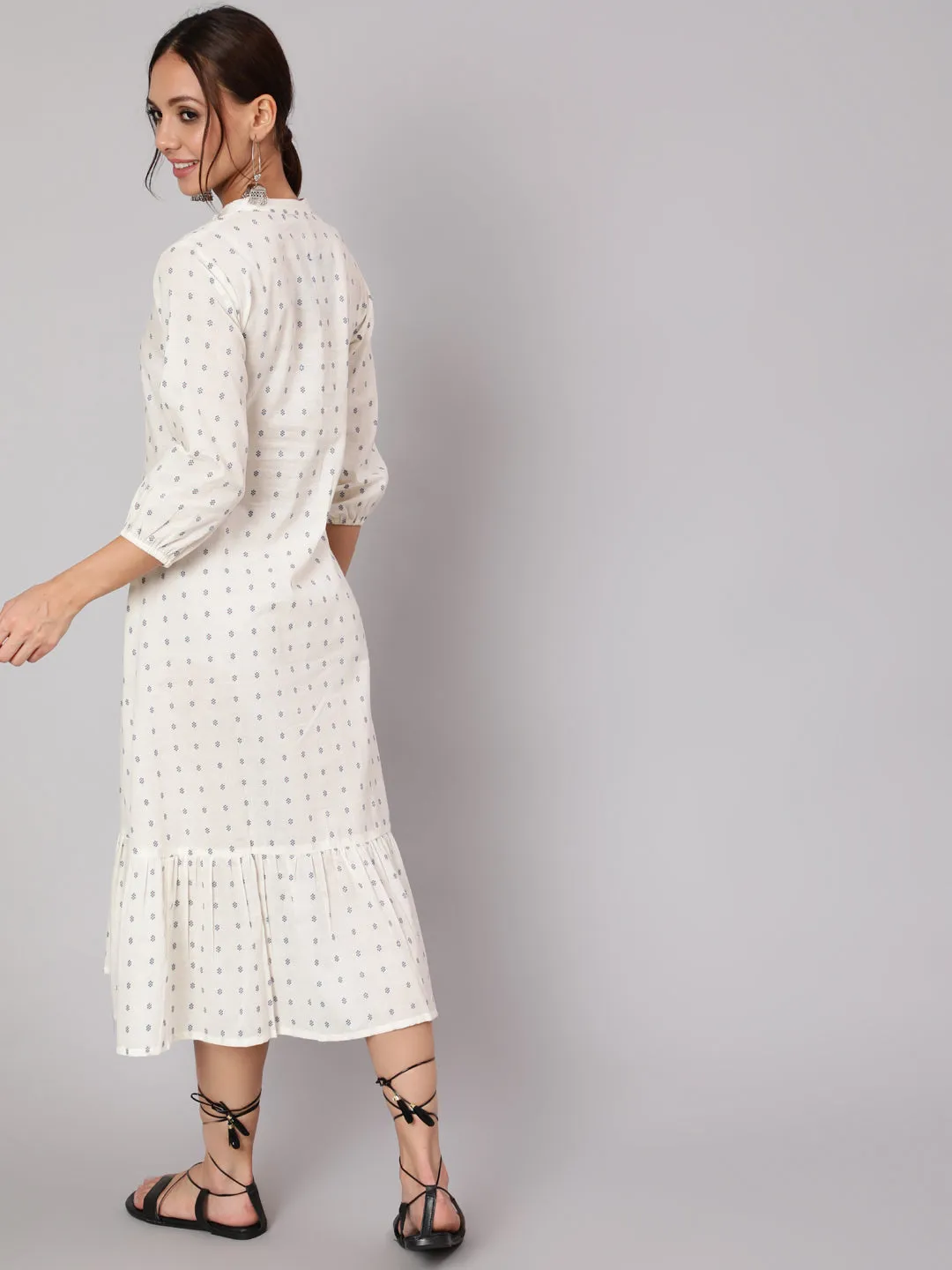 Women White Ethnic Printed Midi Dress With Three Quarter Sleeves