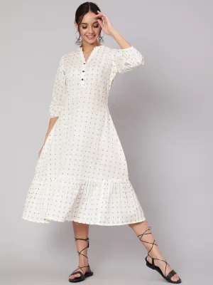 Women White Ethnic Printed Midi Dress With Three Quarter Sleeves