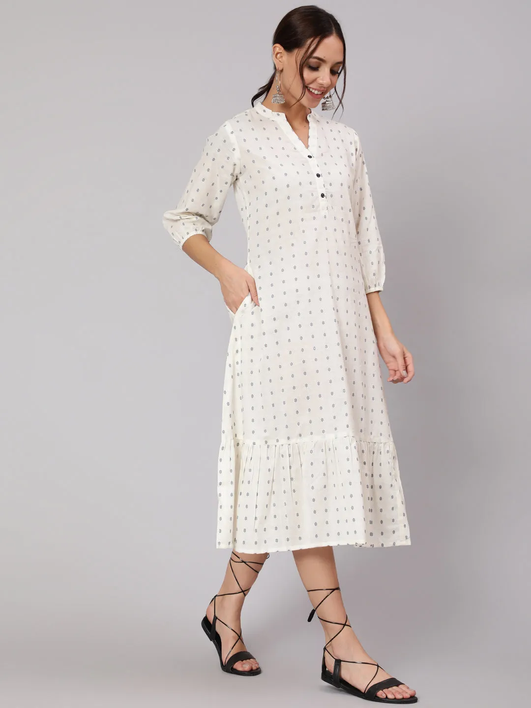 Women White Ethnic Printed Midi Dress With Three Quarter Sleeves