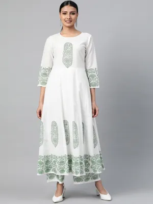 Women White Three-Quarter Sleeves Flared Kurta With Palazzo