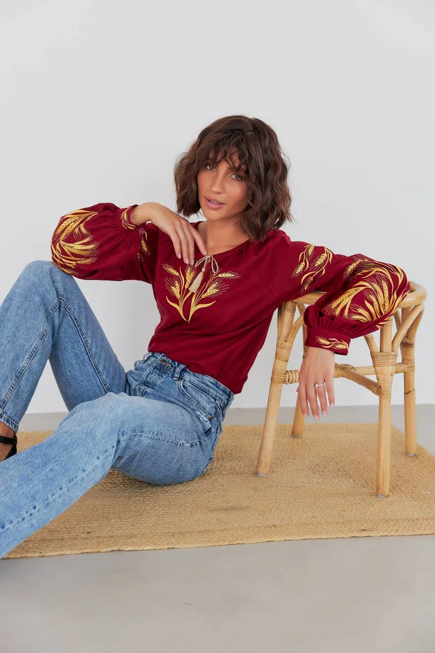 Women's embroidered blouse in Ukrainian style with a wheat ear