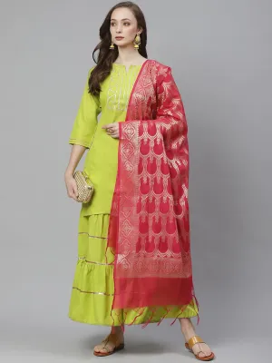 Women'S Lime Green & Pink Solid Kurta With Sharara & Dupatta