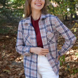 Women's Magnetic Front Curved Hem Pink, Navy and Gray Flannel Shirt