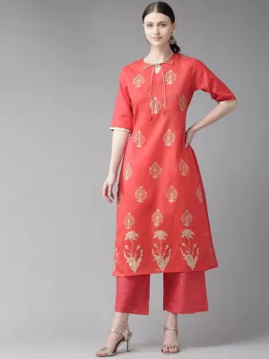 Women'S Pink & Golden Block Printed Kurta With Palazzos