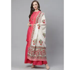 Women'S Pink & White Yoke Design Kurta With Sharara & Dupatta