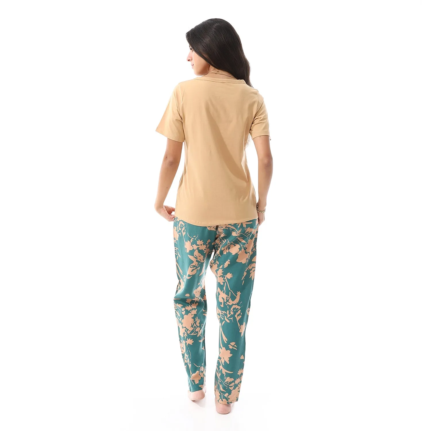 Women's summer pajama cotton T-shirt and viscose pants - Beige & Green