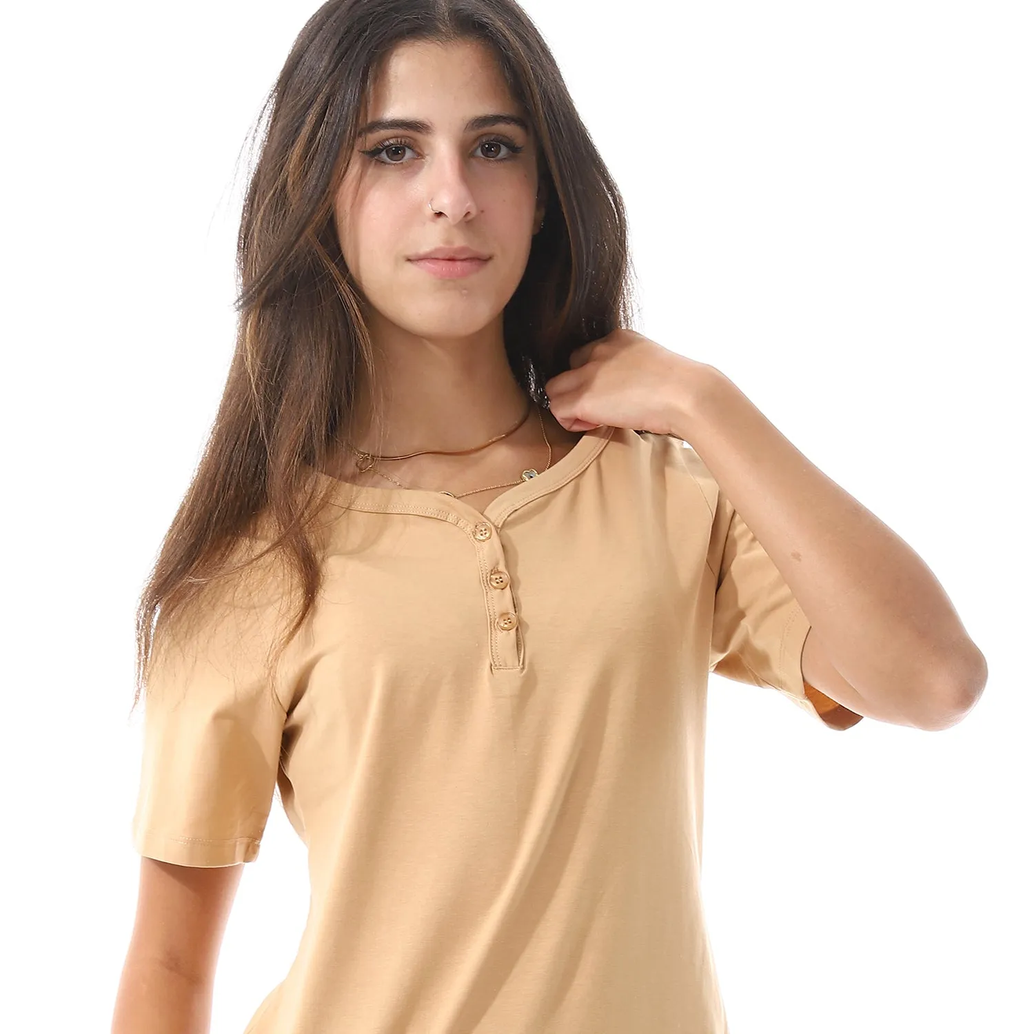 Women's summer pajama cotton T-shirt and viscose pants - Beige & Green