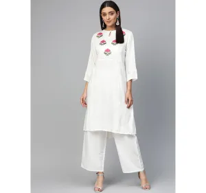 Women'S White & Pink Yoke Design Kurta With Palazzos