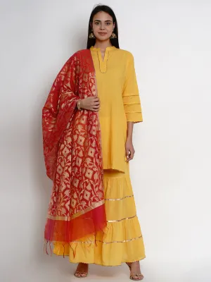 Women'S Yellow & Pink Solid Kurta With Sharara & Dupatta