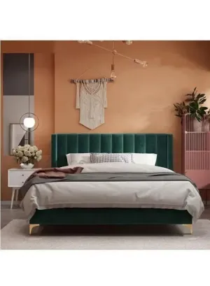 Wooden Twist Greenish Modernize Velvet Upholstery Bed for Luxury Bedroom